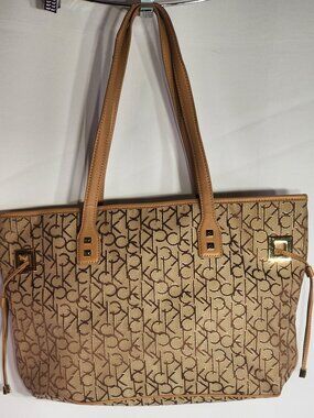 Calvin Klein Shoulder Tote Bag Beige Jacquard CK Monogram Pattern Coated Canvas